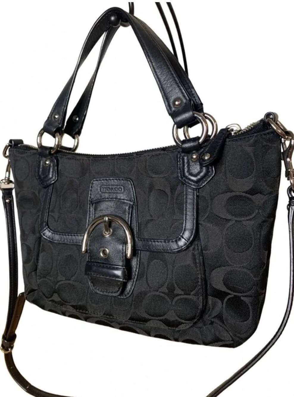 Coach Small Soho Black Signature C Jacquard Sateen Leather Trim Buckle Flap Shou